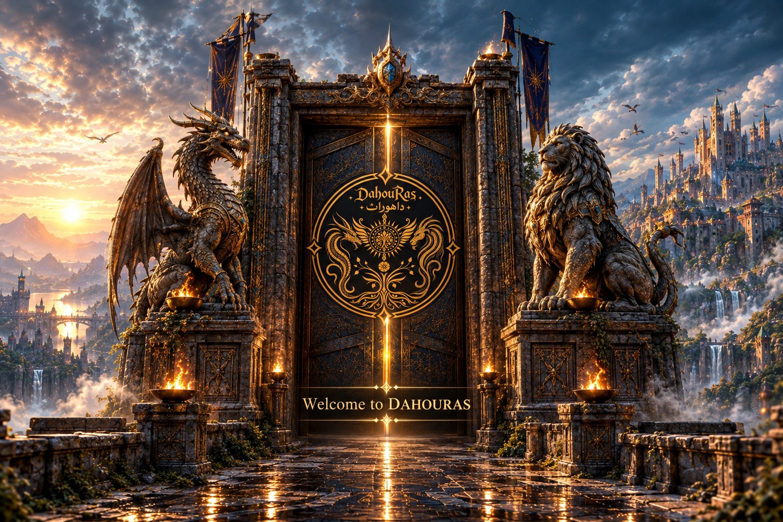 The grand gate of DahouRas, guarded by a dragon and a lion